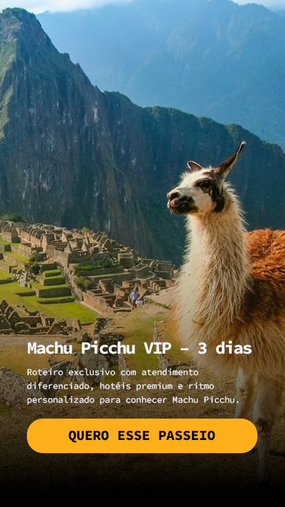 Lhama em frente à cidade sagrada de Machu Picchu durante o roteiro VIP de 3 dias - Passeios em cusco, Peru - Fui Gostei Trips.