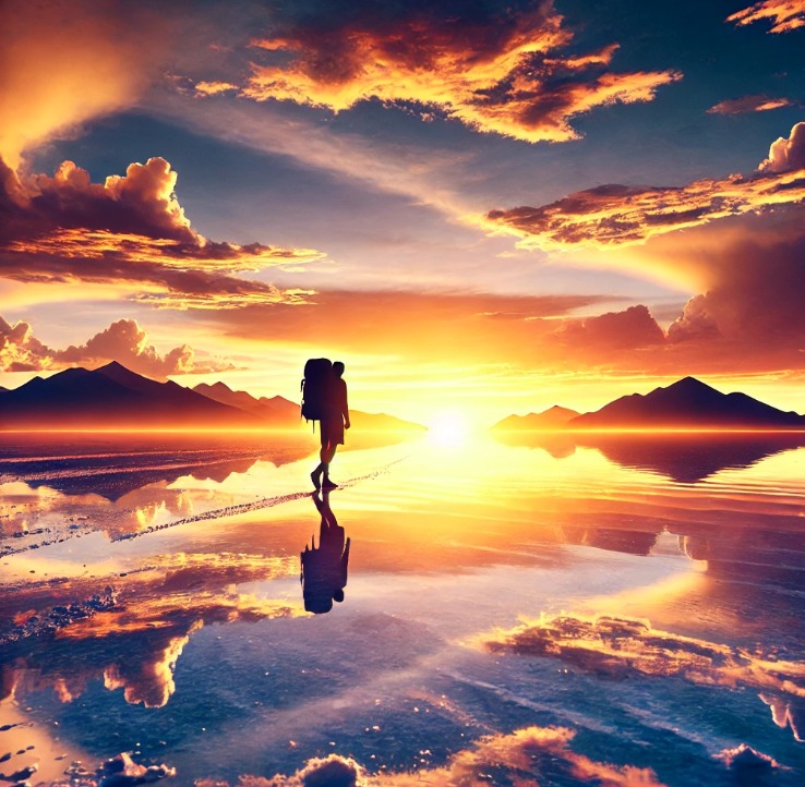 Imagem de um viajante com mochila admirando o pôr do sol no Salar de Uyuni, simbolizando os benefícios das viagens, como conexão com a natureza, momentos de autodescoberta e expansão da visão de mundo