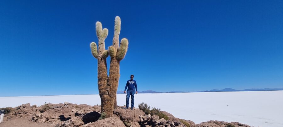 turista ao lado de um cactus gigante no tour salar de uyuni VIP