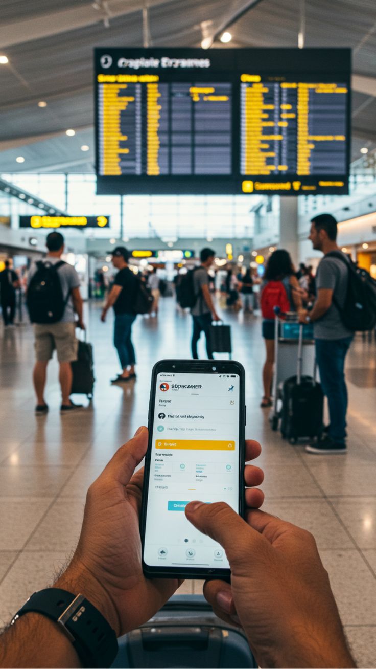 Saguão do aeroporto , um celular mostra informações sobre horário de voos