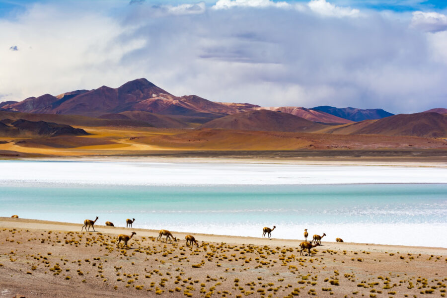 deserto do atacama no chile com uma bela paisagem por baixo de nuvens, um lago cristalino e montanhas ao fundo