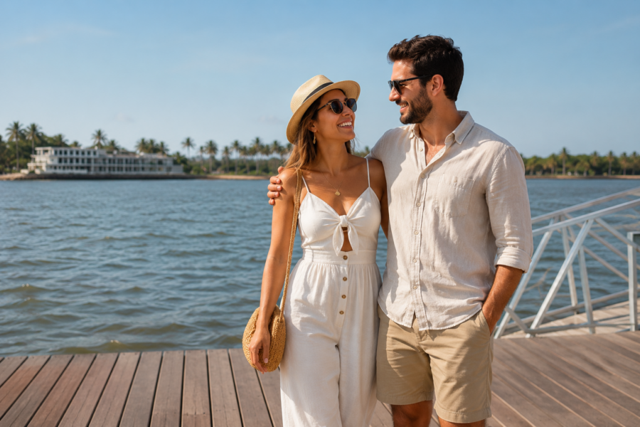 Casal caminhando abraçado à beira-mar, aproveitando roteiro romântico em San Andrés, sorrindo enquanto aprecia a paisagem caribenha em um píer com vista para o mar.