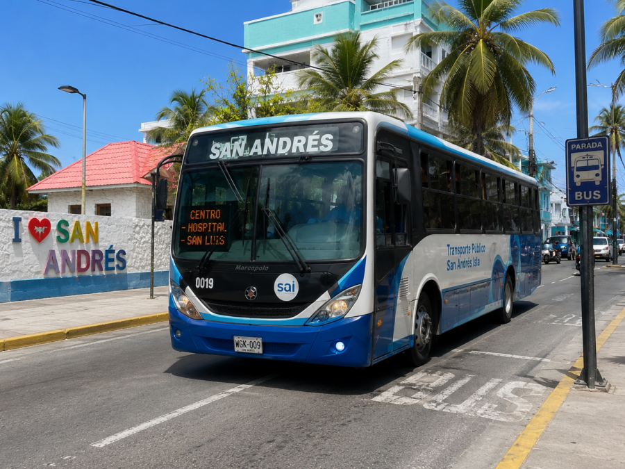 Ônibus de transporte público circulando por uma rua de San Andrés, cercado por palmeiras e construções coloridas, em um dia ensolarado na ilha colombiana.