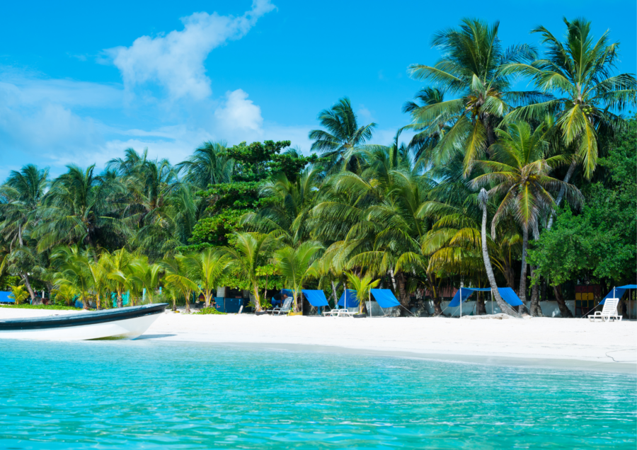 Praia de San Andrés em dia ensolarado. com águas cristalinas, areia branca e vegetalão no caribe colombiano.