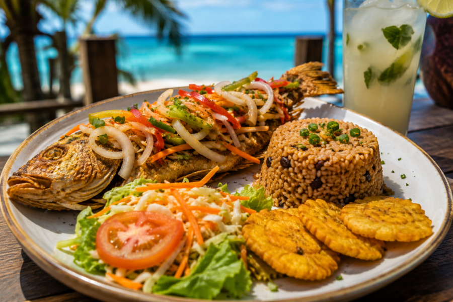 Peixe frito inteiro servido com arroz de coco, salada e patacones, prato tradicional da gastronomia em San Andrés.