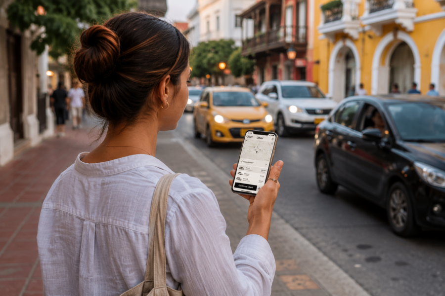 Turista usando o aplicativo Uber no celular em uma rua de Cartagena, ilustrando uma das formas mais práticas de como se locomover em Cartagena.