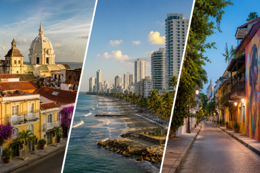 Cenários da Cidade Amuralhada, Bocagrande e Getsêmani ilustrando as melhores opções de onde se hospedar em Cartagena.