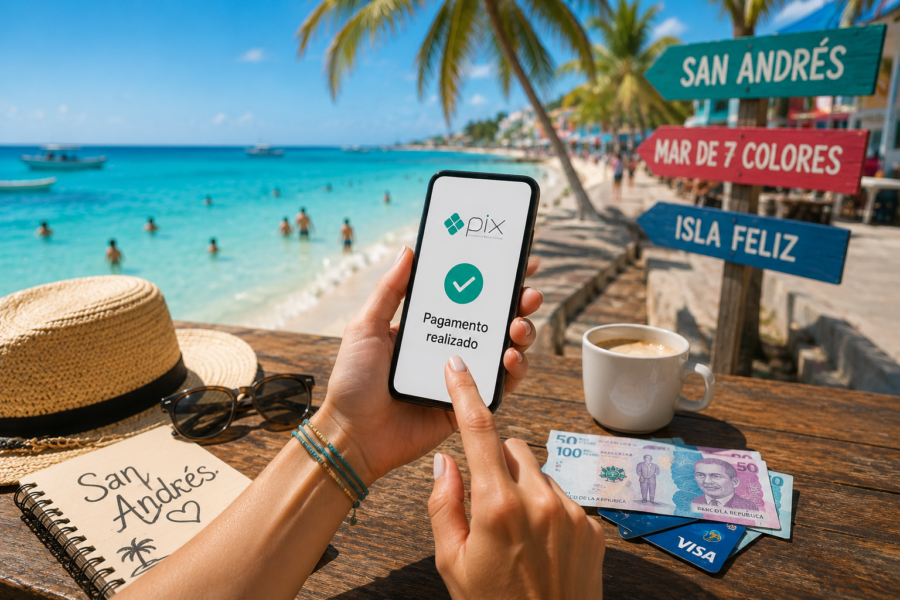 Celular, pesos colombianos e cartão sobre uma mesa em frente à praia de San Andrés, representando as opções de pagamento na ilha.