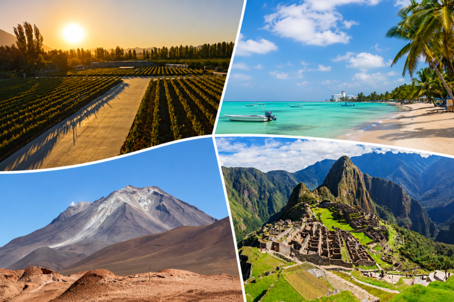 Montagem de destinos turísticos com vinhedos ao pôr do sol, praia paradisíaca de águas azul-turquesa, montanha vulcânica e Machu Picchu, representando uma viagem com a Fui Gostei Trips.