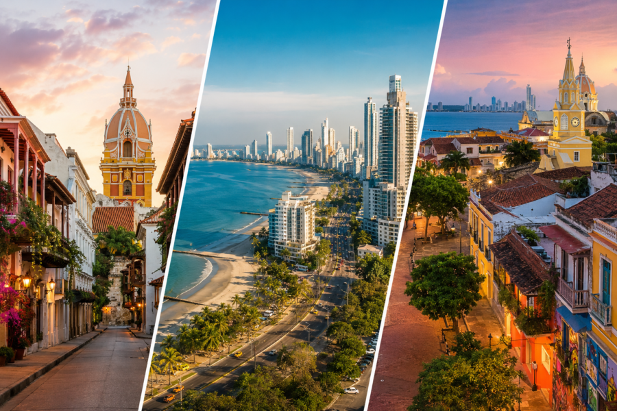 Onde se hospedar em Cartagena: montagem mostrando o Centro Histórico com ruas coloniais, a orla da região moderna de Bocagrande e uma vista panorâmica da Cidade Amuralhada ao entardecer