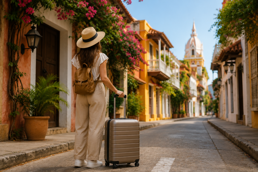 Viajante com mala de rodinhas caminhando pelas ruas históricas de Cartagena, mostrando o clima quente da cidade e inspirando dicas sobre o que levar na mala para Cartagena