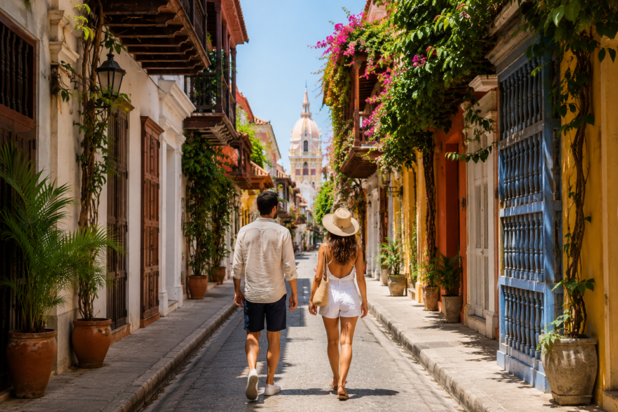 O que fazer em Cartagena: turistas passeando pelo centro histórico em rua colorida de Cartagena