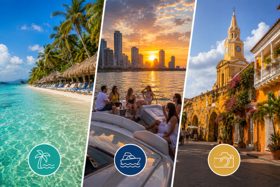 Montagem com opções de passeios em Cartagena, que combinam praias de águas cristalinas, passeio de lancha ao pôr do sol e caminhada pelo Centro Histórico da cidade

