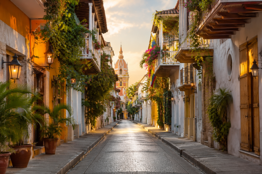 Passeios em Cartagena pelo Centro Histórico com rua colonial cercada por casarões coloridos, varandas floridas e vista para a Torre da Catedral ao fundo