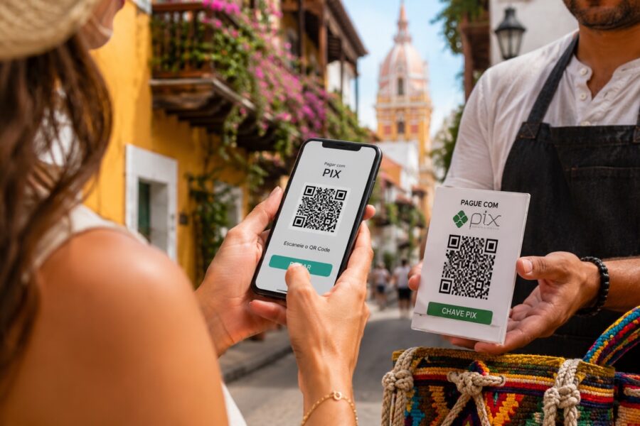 Turista realizando um pagamento por QR Code com o celular em uma rua histórica de Cartagena, enquanto um vendedor apresenta a placa de pagamento, ilustrando uma situação comum para quem pesquisa se Cartagena é um destino caro? e como economizar durante a viagem
