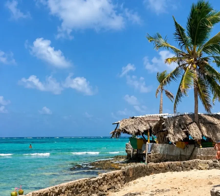 Praia caribenha com mar azul-turquesa, céu azul intenso, coqueiros e cabana rústica à beira-mar. Possibilidade de onde viajar no Ano Novo 2026 ou no Natal