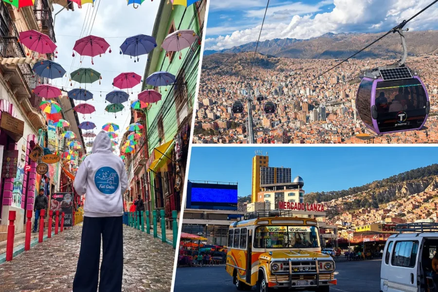 Montagem de La Paz, na Bolívia, com rua decorada por guarda-chuvas coloridos, teleférico sobre a cidade e ônibus tradicional próximo ao Mercado Lanza, uma inspiração para quem busca para onde viajar no feriado da Consciência Negra em 2026