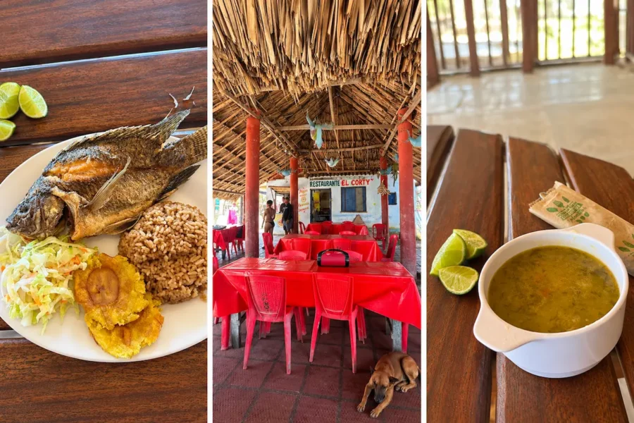 Pratos típicos da gastronomia local, com peixe frito, arroz, banana-da-terra e caldo servido em restaurante rústico durante o passeio ao Vulcão Totumo em Cartagena