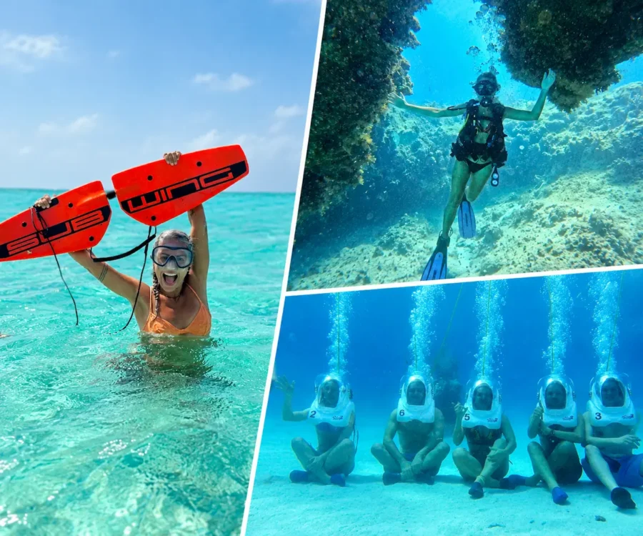 Montagem de atividades aquáticas em San Andrés, com turista segurando as asas do equipamento Subwing no mar azul-turquesa, mergulhador explorando recifes de coral e grupo realizando caminhada submarina, ilustrando experiências de aventura no Caribe colombiano