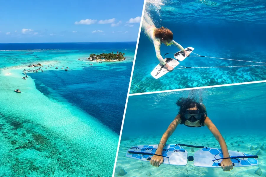 Montagem de Subwing em San Andrés com vista aérea do mar azul-turquesa e turistas deslizando debaixo d’água com pranchas Subwing, explorando as águas cristalinas do Caribe colombiano