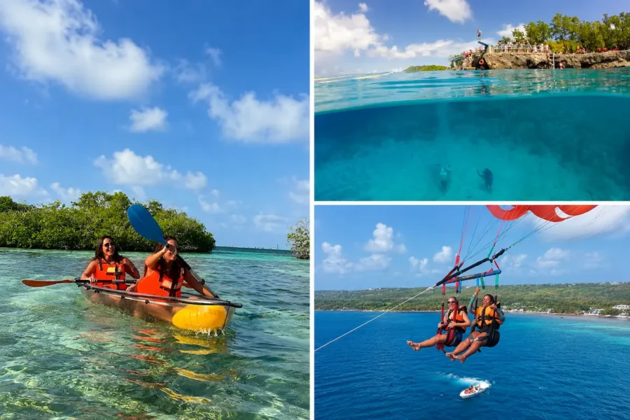 Montagem de passeios em San Andrés com experiências no mar do Caribe, incluindo passeio de caiaque em águas cristalinas, mergulho com snorkel para observar a vida marinha e aventura de parapente sobre o mar azul-turquesa