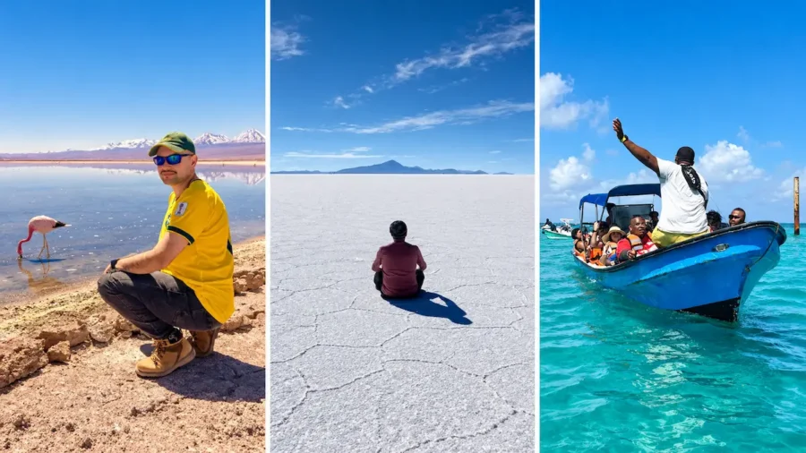 Montagem de viagem com flamingo em uma lagoa de montanhas nevadas, viajante no Salar de Uyuni e passeio de barco em águas cristalinas do Caribe, mostrando diferentes experiências para quem pesquisa se Black Friday de viagem vale a pena