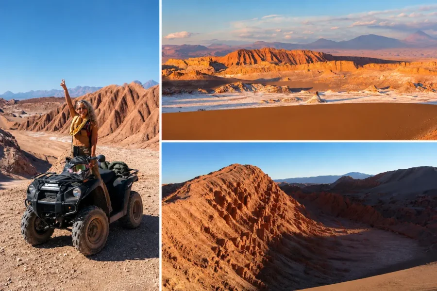 Montagem de viagem pelo Deserto do Atacama, no Chile, com paisagens de montanhas avermelhadas, formações rochosas e uma viajante explorando o deserto de quadriciclo, uma inspiração para quem pesquisa para onde viajar no feriado da Consciência Negra em 2026