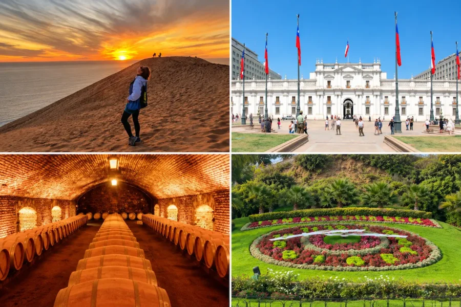 Montagem com paisagens de deserto ao pôr do sol, Palácio de La Moneda, adega com barris de vinho e jardim florido com relógio de flores, destacando atrações do Chile e inspirando quem busca para onde viajar no feriado da Consciência Negra em 2026