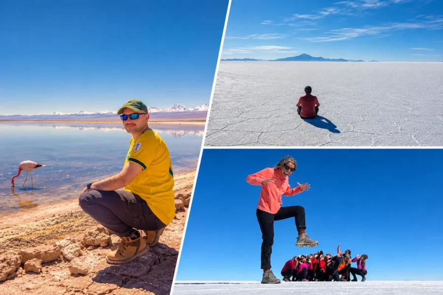 Montagem do Salar de Uyuni, na Bolívia, com viajantes em um lago de altitude com flamingos, no imenso deserto de sal e em uma foto divertida em grupo, uma inspiração para quem busca para onde viajar no feriado da Consciência Negra em 2026