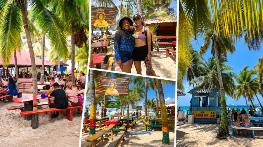 Mega Tour Johnny Cay e Aquário com praia paradisíaca, coqueiros, mesas coloridas, quiosques à beira-mar e águas cristalinas em San Andrés