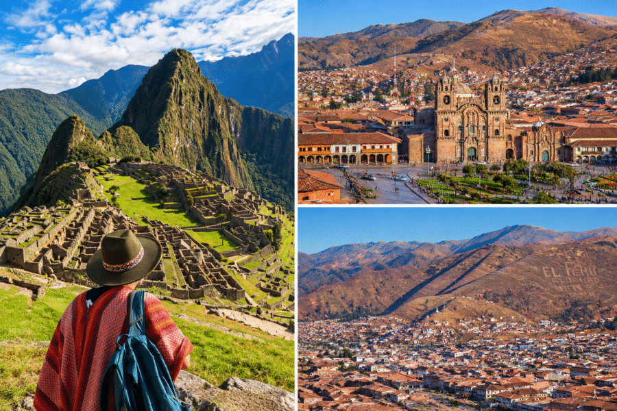 Montagem de viagem pelo Peru com paisagens desérticas, passeio por sítios arqueológicos, experiências gastronômicas e momentos de exploração durante uma aventura pelo país