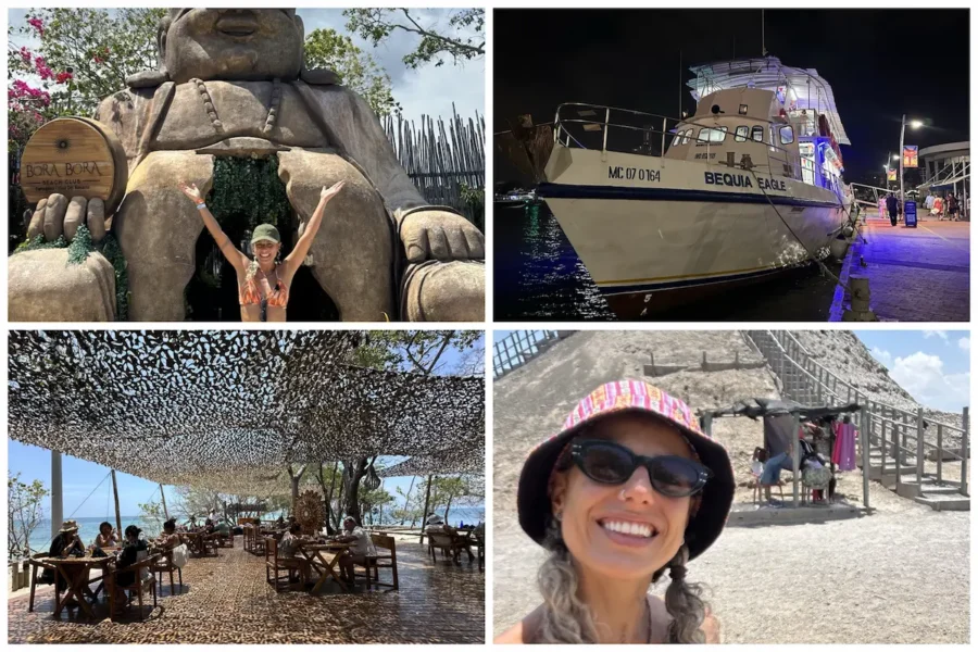 Montagem de viagem por Cartagena, na Colômbia, com passeio de barco à noite, visita ao Bora Bora Beach Club, restaurante à beira-mar e registro de viagem em uma paisagem árida