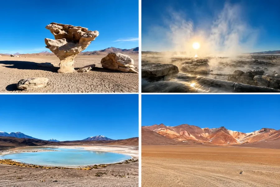Montagem com paisagens do roteiro do Salar de Uyuni, incluindo formações rochosas, gêiseres, lagoa de águas azuladas e montanhas do altiplano boliviano, em diferentes cenários de altitude