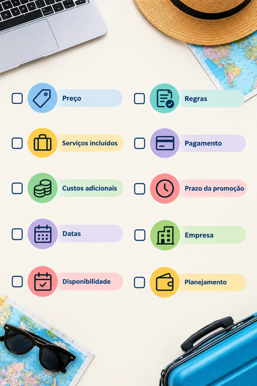 Checklist ilustrado com ícones de viagem e itens para avaliar promoções, incluindo preço, serviços, custos adicionais, datas, disponibilidade, regras, pagamento, prazo da promoção, empresa e planejamento, sobre o tema “Black Friday de viagem vale a pena