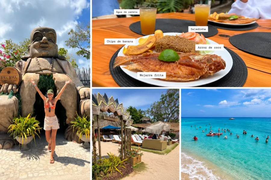 Montagem do Bora Bora Beach Club em Cartagena, com escultura gigante na entrada, prato típico colombiano com mojarra frita e arroz de coco, área de descanso com espreguiçadeiras e visitantes aproveitando o mar azul-turquesa do Caribe
