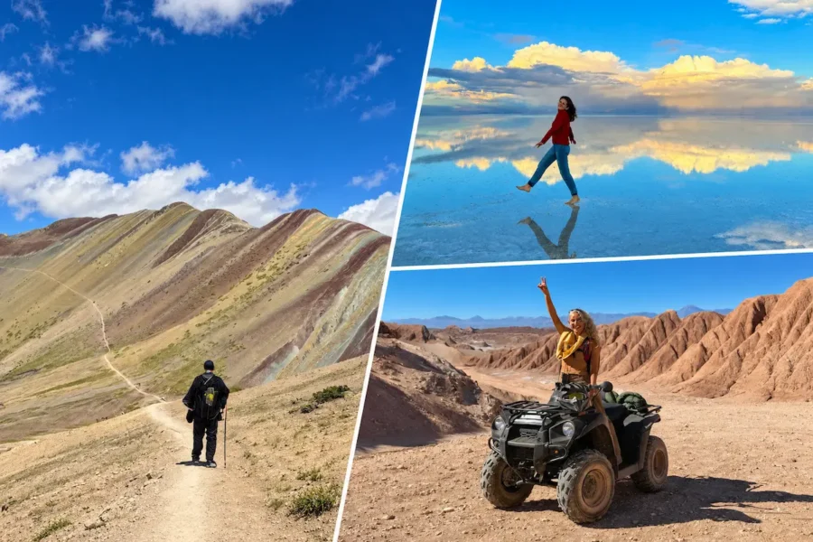 Montagem de viagem com trilhas nas montanhas coloridas, caminhada no Salar de Uyuni e passeio de quadriciclo no Deserto do Atacama, ilustrando o planejamento de férias e o tema “Black Friday de viagem vale a pena