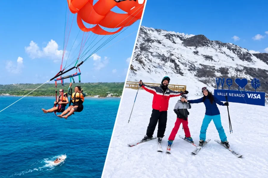 Montagem de viagem com passeio de parasailing sobre o mar azul do Caribe e experiência de esqui em Valle Nevado, no Chile, ilustrando como a Black Friday de viagem vale a pena para quem busca promoções e novas experiências turísticas
