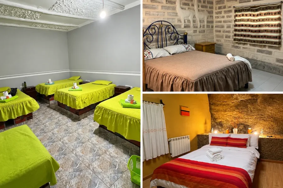 Montagem com três quartos de hospedagens no Salar de Uyuni, mostrando diferentes tipos de acomodação para quem compara as experiências Salar de Uyuni Clássico, Conforto ou VIP